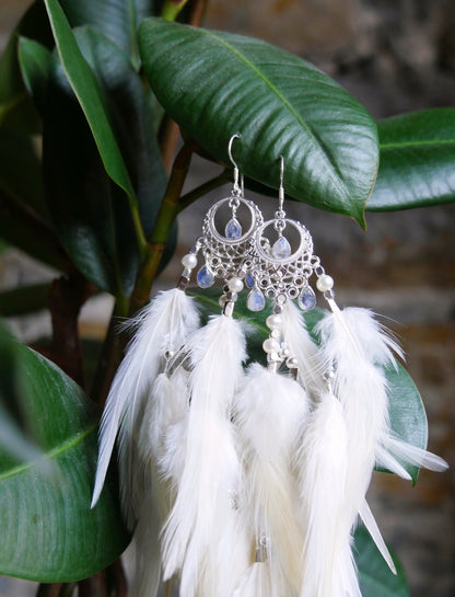 White rooster feather earrings with moonstone stones and silver accents — feminine essence jewelry close up