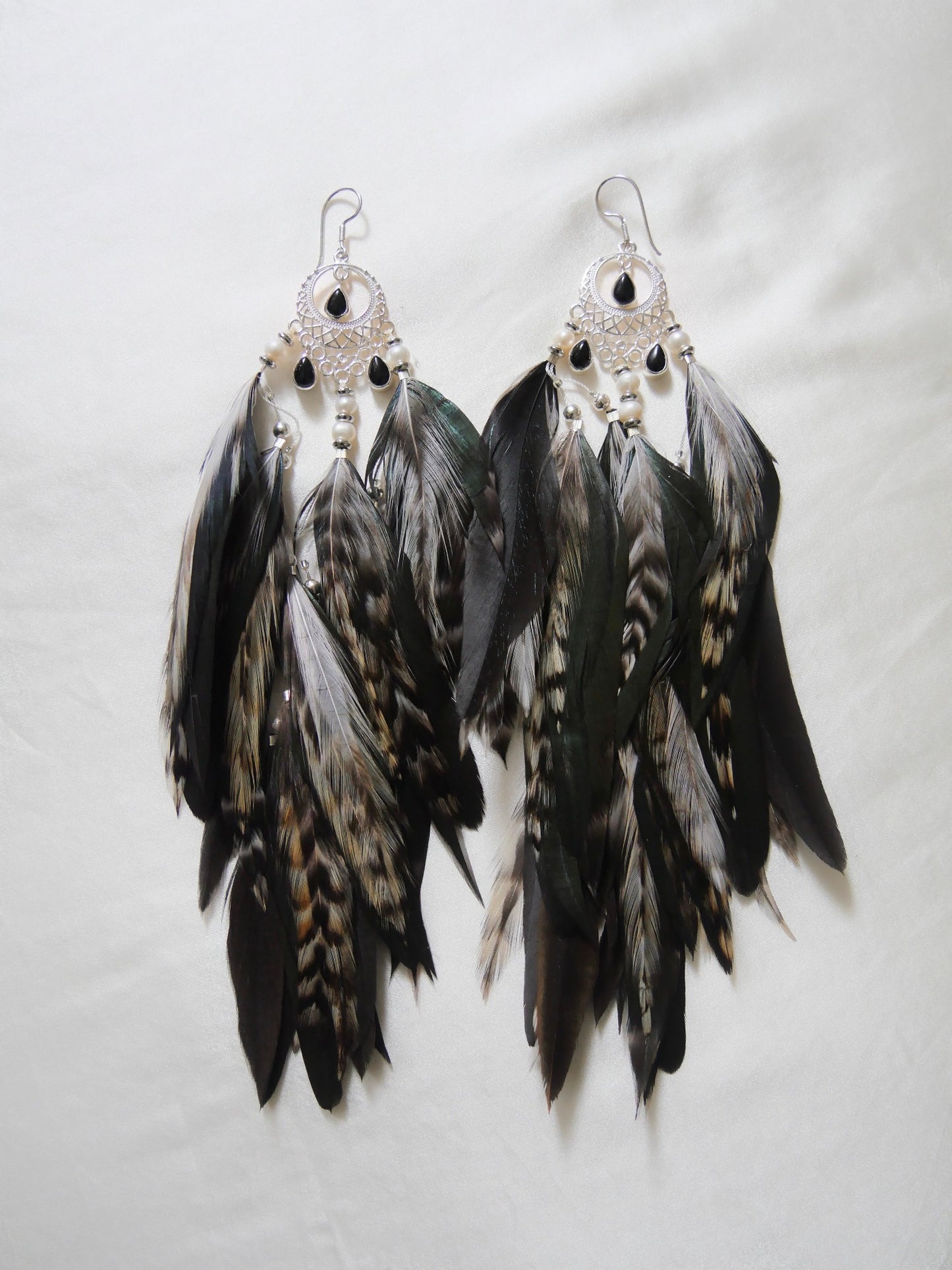 Black, grey & emerald green feather earrings with onyx stones and silver accents — shadow work jewelry short design