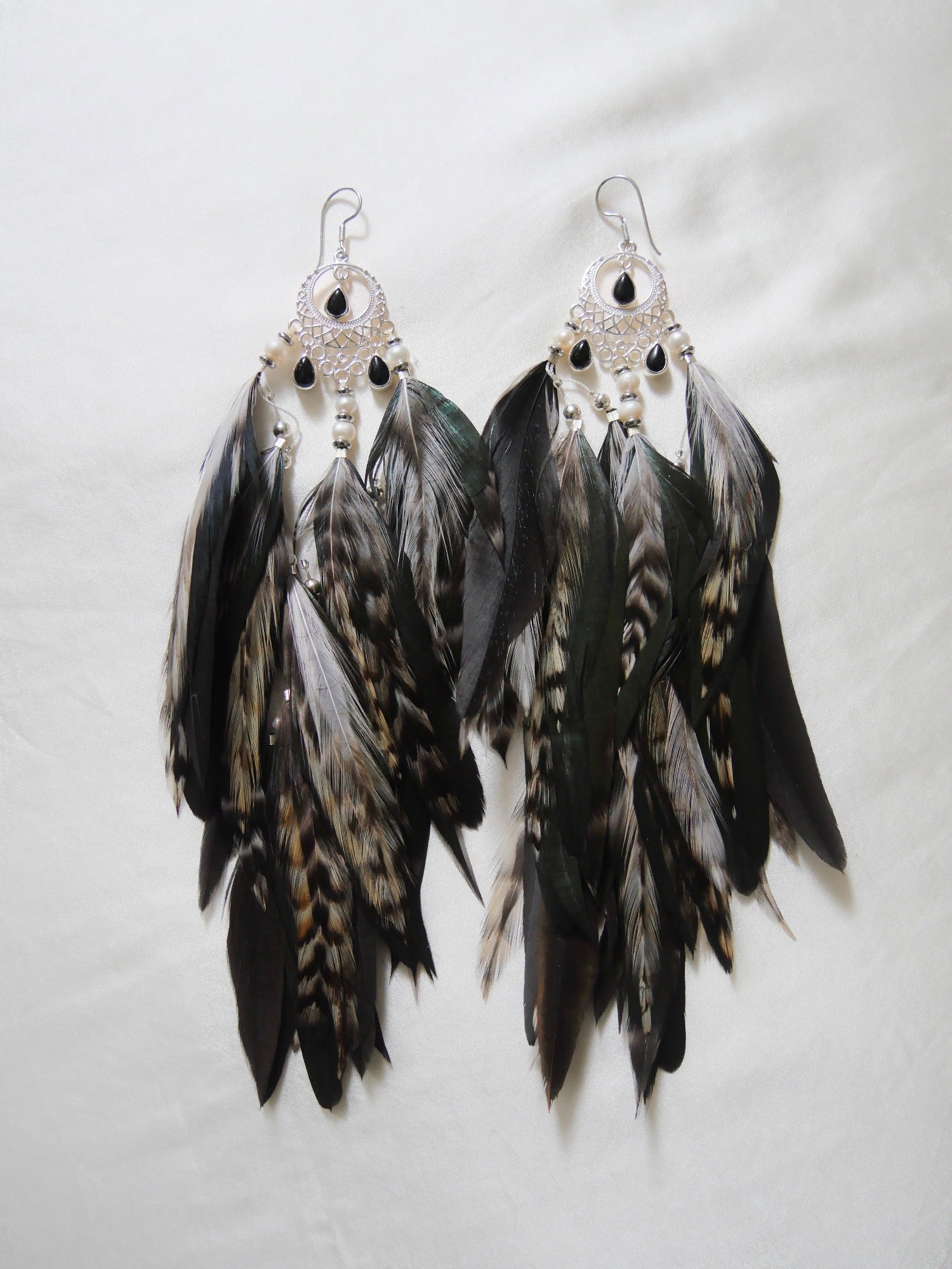 Black, grey & emerald green feather earrings with onyx stones and silver accents — shadow work jewelry short design