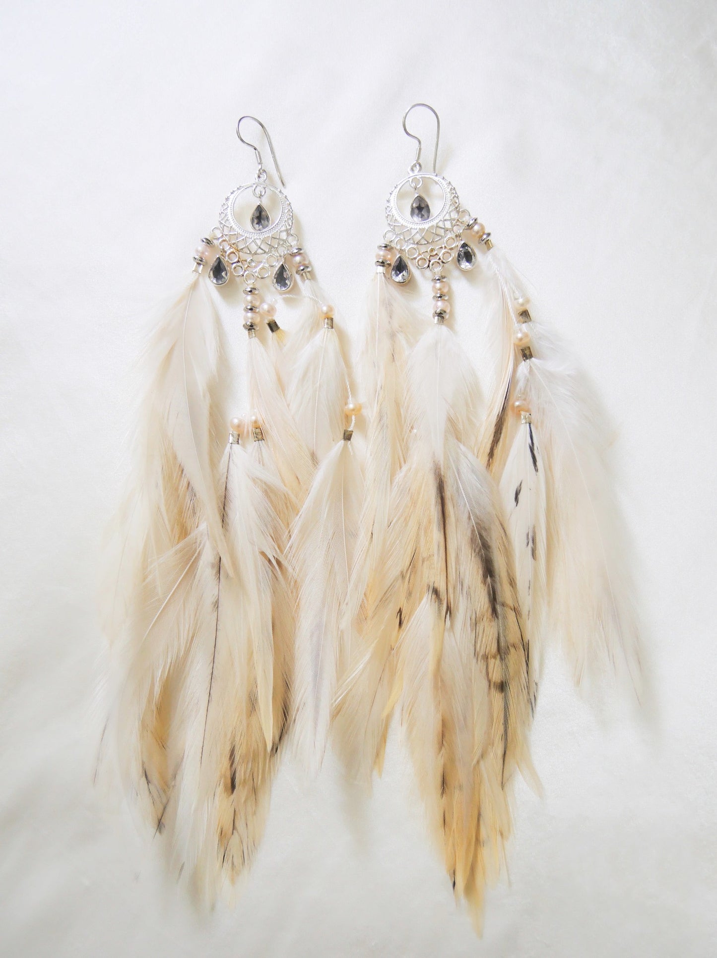 Rose quartz crystal feather earrings with silver moon charm